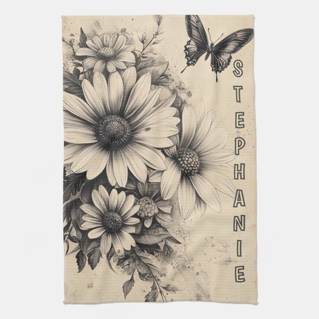 Rustic Flowers and Butterfly - Åldras Papper (11) Kökshandduk (Vertikal)