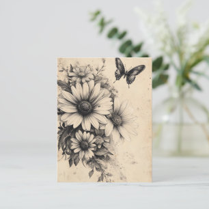 Rustic Flowers and Butterfly - Åldras Papper (11) Vykort