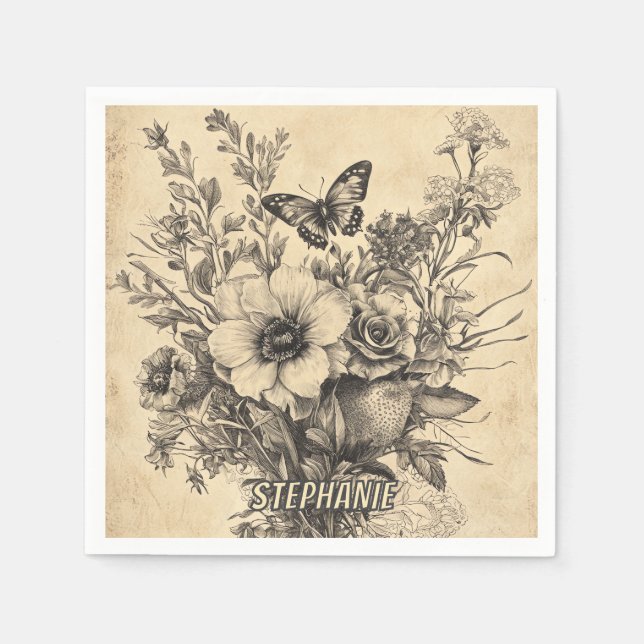 Rustic Flowers and Butterfly - Åldras Papper (12) Pappersservett (Framsidan)