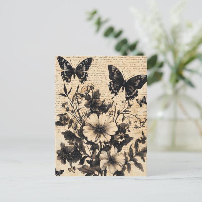Rustic Flowers and Butterfly - Åldras Papper (13) Vykort (Stående Fram)