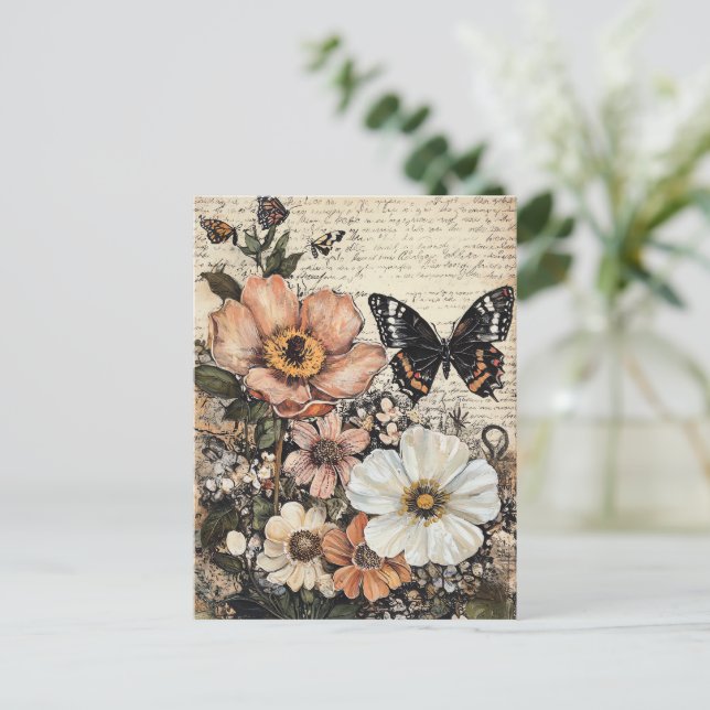 Rustic Flowers and Butterfly - Åldras Papper (14) Vykort (Stående Fram)