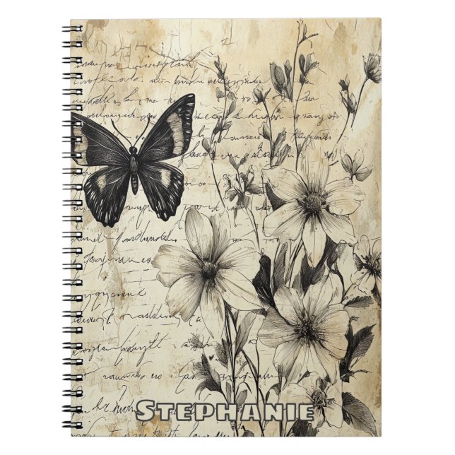 Rustic Flowers and Butterfly - Åldras Papper (1) Anteckningsbok (Framsidan)
