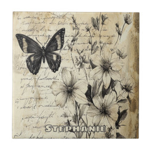 Rustic Flowers and Butterfly - Åldras Papper (1) Kakelplatta