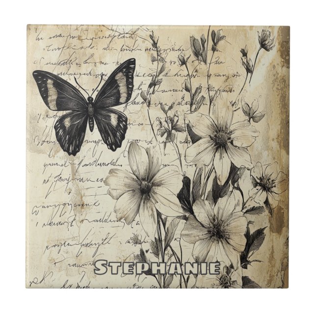 Rustic Flowers and Butterfly - Åldras Papper (1) Kakelplatta (Framsidan)