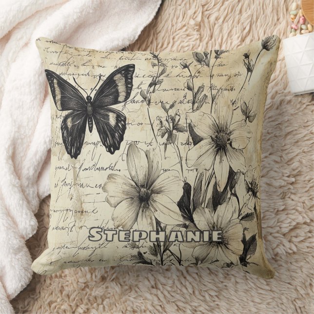 Rustic Flowers and Butterfly - Åldras Papper (1) Kudde (Filt)