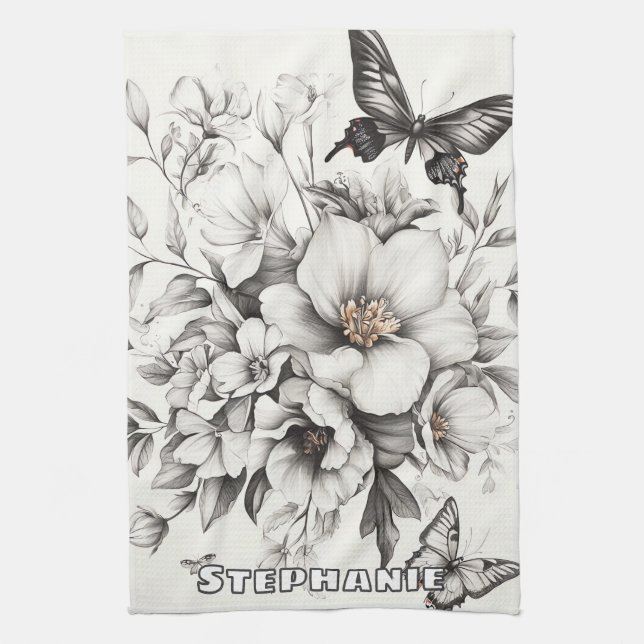 Rustic Flowers and Butterfly - Åldras Papper (2) Kökshandduk (Vertikal)