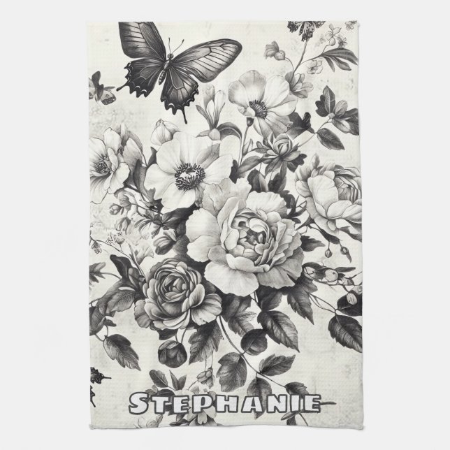 Rustic Flowers and Butterfly - Åldras Papper (3) Kökshandduk (Vertikal)