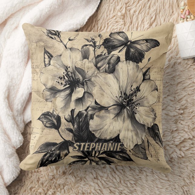 Rustic Flowers and Butterfly - Åldras Papper (4) Kudde (Filt)