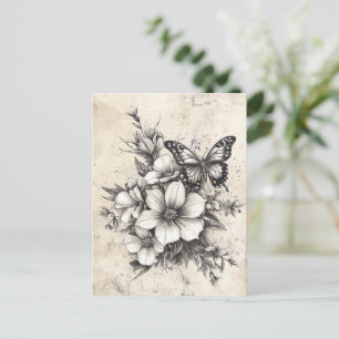 Rustic Flowers and Butterfly - Åldras Papper (5) Vykort