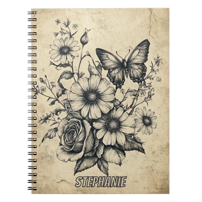 Rustic Flowers and Butterfly - Åldras Papper (6) Anteckningsbok (Framsidan)