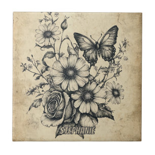 Rustic Flowers and Butterfly - Åldras Papper (6) Kakelplatta