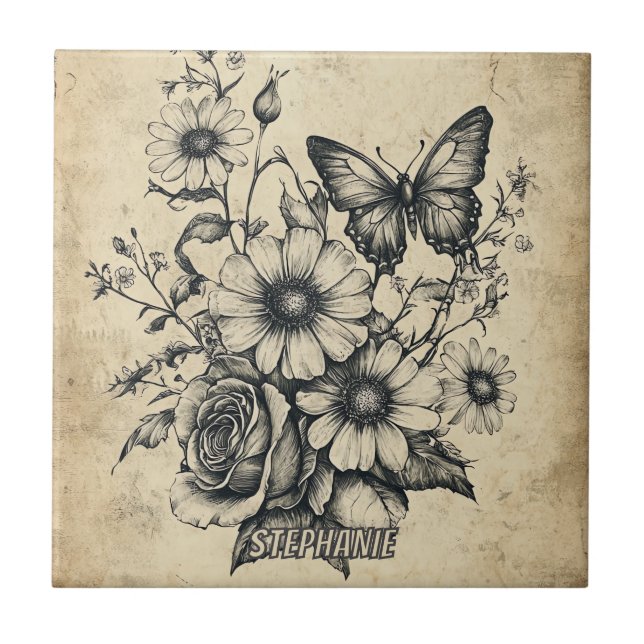 Rustic Flowers and Butterfly - Åldras Papper (6) Kakelplatta (Framsidan)