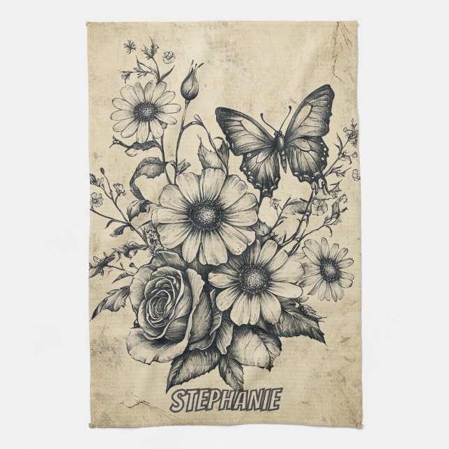 Rustic Flowers and Butterfly - Åldras Papper (6) Kökshandduk (Vertikal)