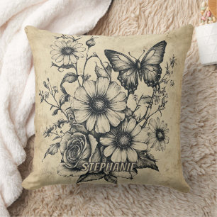Rustic Flowers and Butterfly - Åldras Papper (6) Kudde