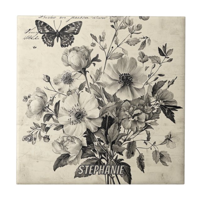 Rustic Flowers and Butterfly - Åldras Papper (8) Kakelplatta (Framsidan)