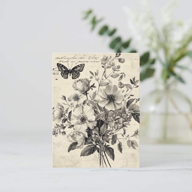Rustic Flowers and Butterfly - Åldras Papper (8) Vykort (Stående Fram)