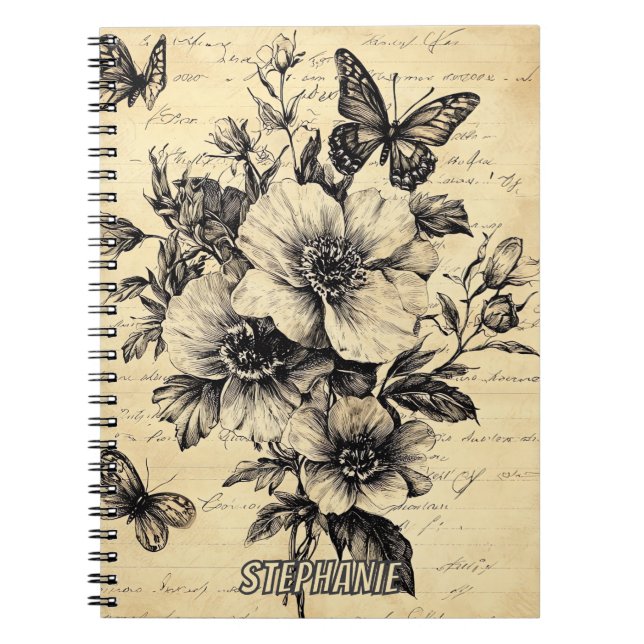 Rustic Flowers and Butterfly - Åldras Papper (9) Anteckningsbok (Framsidan)
