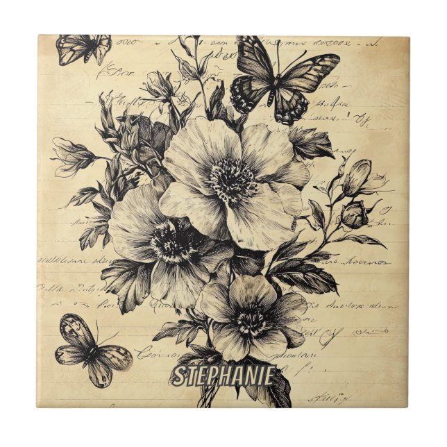 Rustic Flowers and Butterfly - Åldras Papper (9) Kakelplatta (Framsidan)