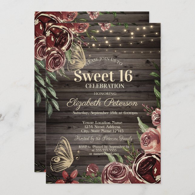 Rustic Flowers Glitter Bitterflies Wood Sweet 16 Inbjudningar (Fram/baksida)
