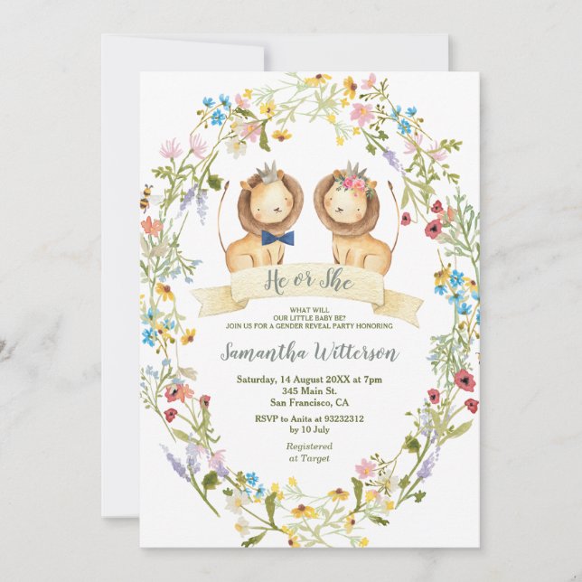 Rustic Flowers Han eller hon Lejona Gender Reveal Inbjudningar (Framsida)