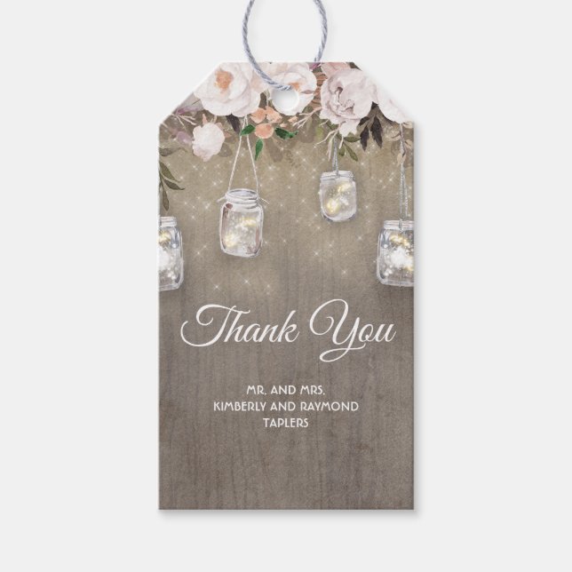 Rustic Flowers och Mason Burk Ljus Bröllop Presentetikett (Framsidan)