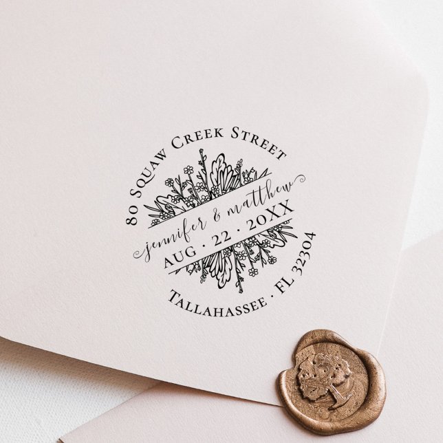 Rustic Flowers Save Date Adress Bröllop Stämpel (Rustic Flowers Save the Date Address Wedding Rubber Stamp)