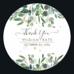 Rustic Foliage Blue Gum Eucalyptus Tack Runt Klistermärke<br><div class="desc">Rustiska vattenfärgsgröna arrangemanga av blått gummi Eucalyptus,  skogsälsklöver. DIY-händelse eller bara ett tack för att du höjer klistermärken med roligt och modernt handskrivet skript i faux guld-folie och DIY-bakgrund i färg. Copyright © 2016-2020 Bombino Design™. Alla höger reserverade.</div>