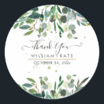 Rustic Foliage Blue Gum Eucalyptus Tack Runt Klistermärke<br><div class="desc">Rustiska vattenfärgsgröna arrangemanga av blått gummi Eucalyptus,  skogsälsklöver. DIY-händelse eller bara ett tack för att du höjer klistermärken med roligt och modernt handskrivet skript i faux guld-folie och DIY-bakgrund i färg. Copyright © 2016-2020 Bombino Design™. Alla höger reserverade.</div>