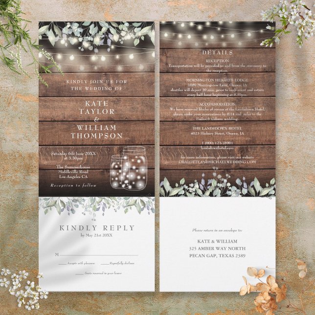Rustic Foliage Mason Burk i ett Bröllop Inbjudningar (Rustic Foliage Mason Jars All In One Wedding Invitation)