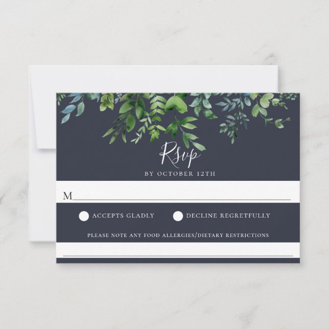 Rustic Foliage Navy Blue Bröllop Food Allergy OSA (Framsida)