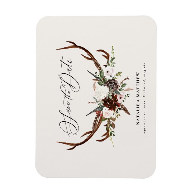 Rustic foliage och antler sparar datumet magnet (Vertikal)