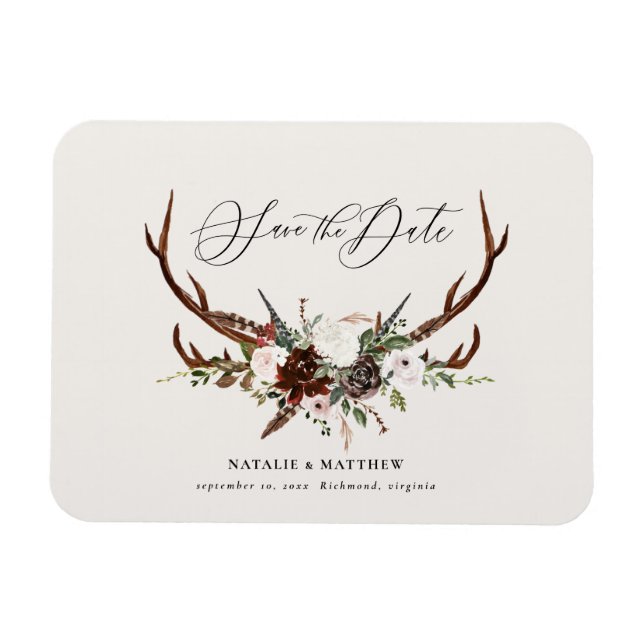 Rustic foliage och antler sparar datumet magnet (Horisontell)