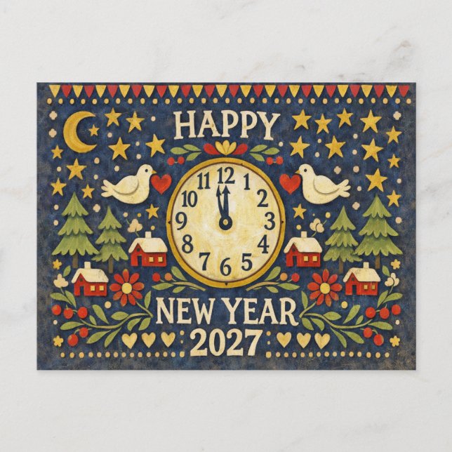 Rustic Folk Art Happy New Year 2027 Helg Vykort (Framsida)