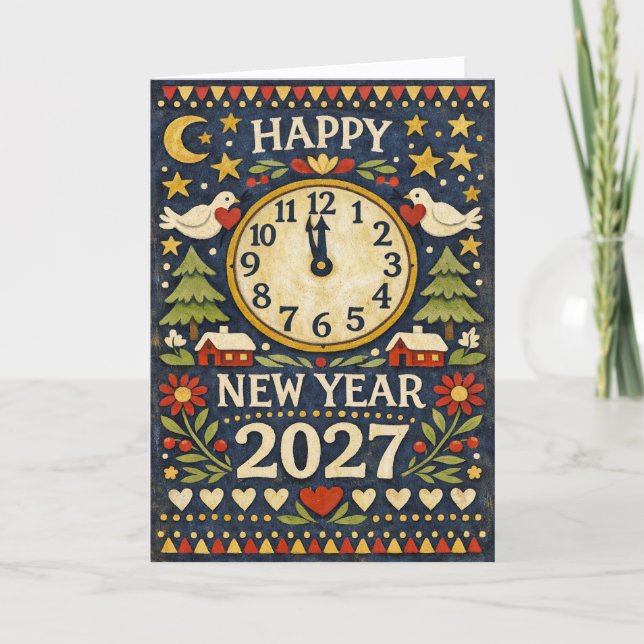 Rustic Folk Art Happy New Year 2027 Helgkort (Framsida)