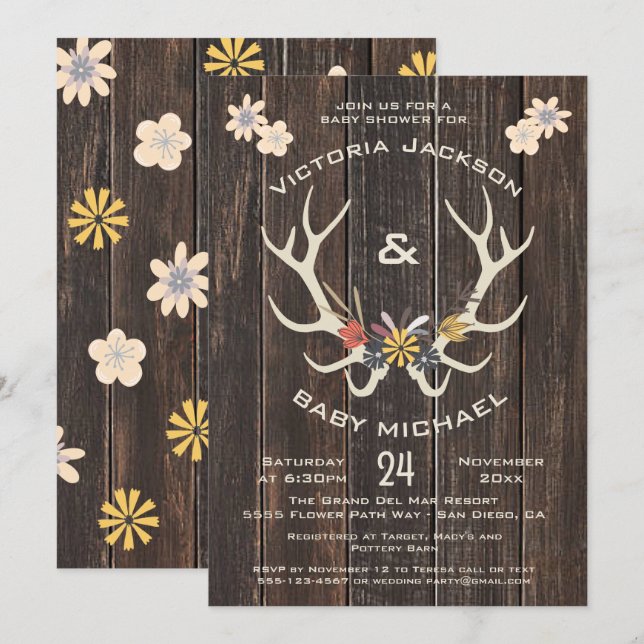 Rustic folkkonst hjort antlers Baby Shower Inbjudningar (Fram/baksida)