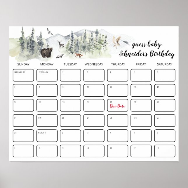 Rustic Forest | Baby Shower Birthday Guessing Game Poster (Framsidan)