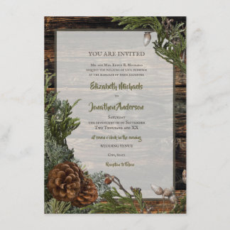 Rustic Forest Bröllop Mörk Wood Evergreen Bough Inbjudningar