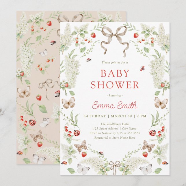 Rustic Forest Floral Bow Neutral Baby Shower Inbjudningar (Fram/baksida)