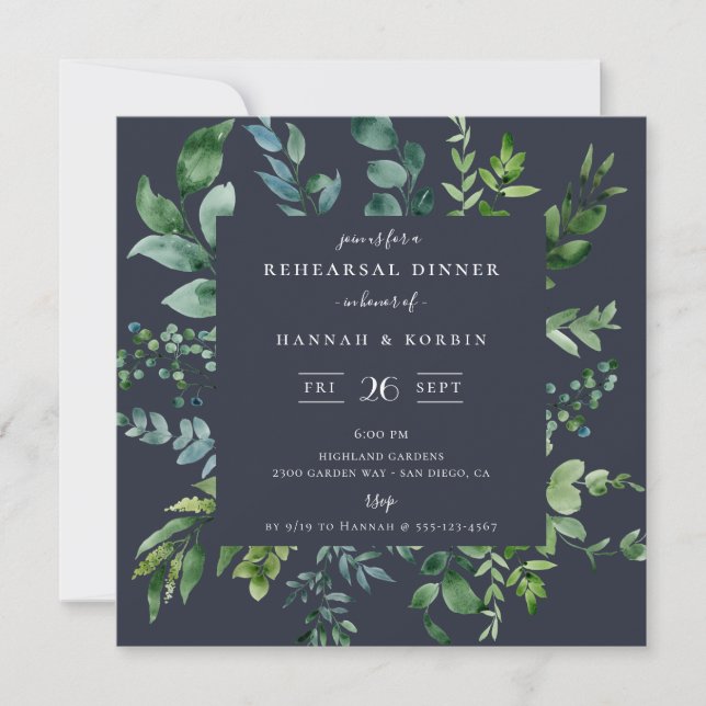 Rustic Forest Foliage Navy Blue Rehearsal Middag Inbjudningar (Framsida)