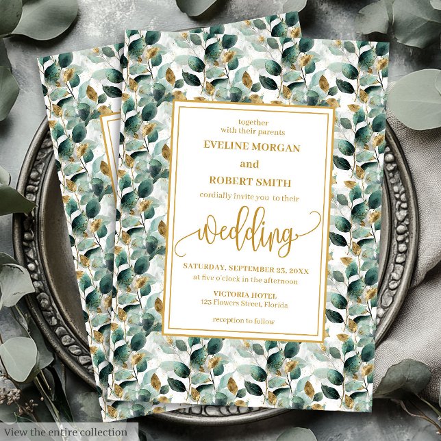 Rustic Forest Grönt Guld Greenery Bröllopsinbjudan Inbjudningar (Rustic Forest Green Gold Greenery Wedding Invitation)