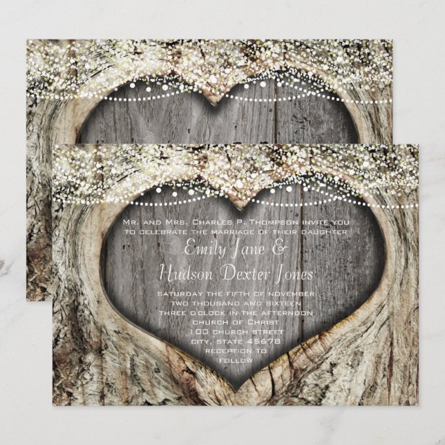 Rustic Forest Heart Knot i Träd Bröllop Inbjudningar (Fram/baksida)