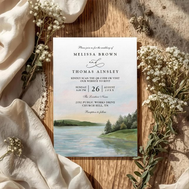 Rustic Forest Lake Landscape QR Code Wedding Inbjudningar (Skapare uppladdad)
