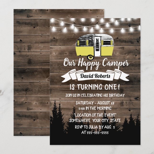 Rustic Forest Lycklig Camper Birthday Barn Wood Inbjudningar (Fram/baksida)