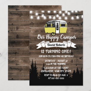 Rustic Forest Lycklig Camper Birthday Barn Wood Inbjudningar
