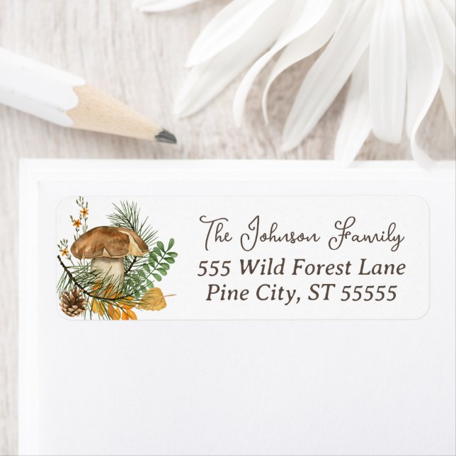 Rustic Forest Mushroom Pinecone Lövs Flowers Returadress Etikett (Insitu)