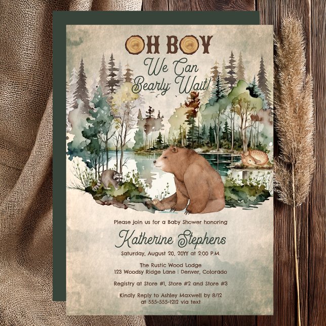 Rustic Forest Oh Boy Barly Wait Baby Shower Inbjudningar ("Oh Boy We Can Bearly Wait!" Rustic Woodland Bear Forest Animals Baby Shower Invitation - Print Digi)
