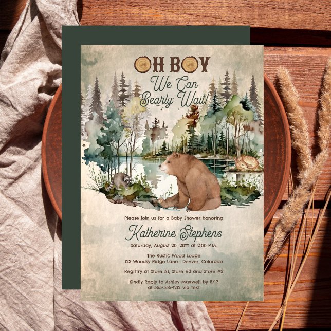 Rustic Forest Oh Boy Barly Wait Baby Shower Inbjudningar ("Oh Boy We Can Bearly Wait!" Rustic Woodland Bear Forest Animals Baby Shower Invitation - Print Digi)