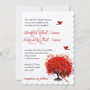 Rustic Forest Red Träd Love birds Bröllop Inbjudningar