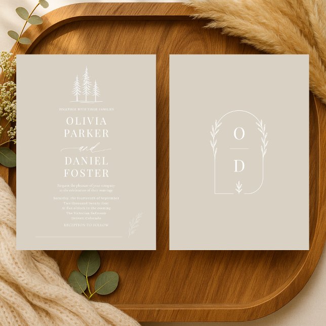 Rustic Forest Taupe Beige Line Art  Wedding Inbjudningar (Skapare uppladdad)