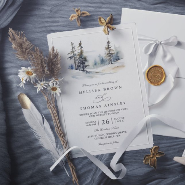 Rustic Forest Trees Pine Elegant QR Code Wedding Inbjudningar (Skapare uppladdad)